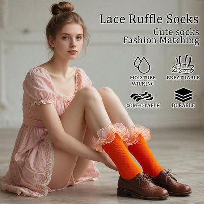 NEW- Women Big Ruffle Ankle Socks Adult Fluffy 4-Layer Lace Frilly Socks Fold Cuff Cotton Fancy Ruffled Dress Bobby Sock