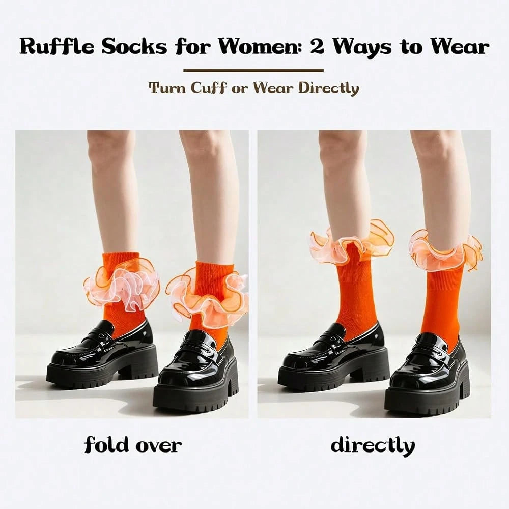 NEW- Women Big Ruffle Ankle Socks Adult Fluffy 4-Layer Lace Frilly Socks Fold Cuff Cotton Fancy Ruffled Dress Bobby Sock