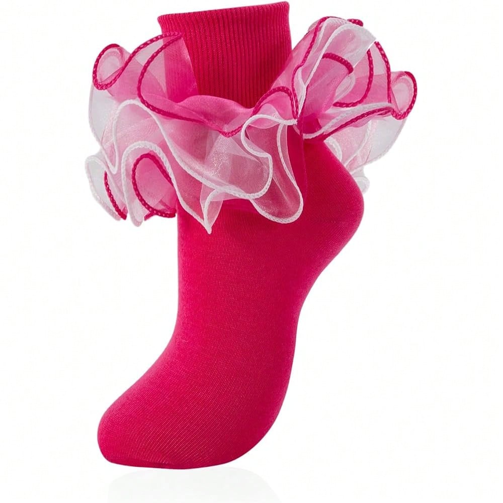 NEW- Women Big Ruffle Ankle Socks Adult Fluffy 4-Layer Lace Frilly Socks Fold Cuff Cotton Fancy Ruffled Dress Bobby Sock
