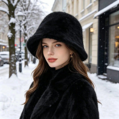 New Women's Autumn/Winter Versatile Mink Fur Bucket Hat, Solid Color Minimalist Fashion Outdoor Warm Ear Protection Cold-Proof Bell-Shaped Bucket Hat