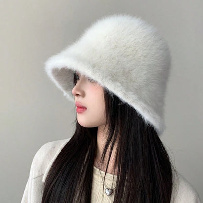 New Women's Autumn/Winter Versatile Mink Fur Bucket Hat, Solid Color Minimalist Fashion Outdoor Warm Ear Protection Cold-Proof Bell-Shaped Bucket Hat