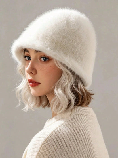 New Women's Autumn/Winter Versatile Mink Fur Bucket Hat, Solid Color Minimalist Fashion Outdoor Warm Ear Protection Cold-Proof Bell-Shaped Bucket Hat
