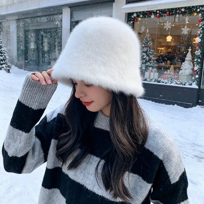 New Women's Autumn/Winter Versatile Mink Fur Bucket Hat, Solid Color Minimalist Fashion Outdoor Warm Ear Protection Cold-Proof Bell-Shaped Bucket Hat
