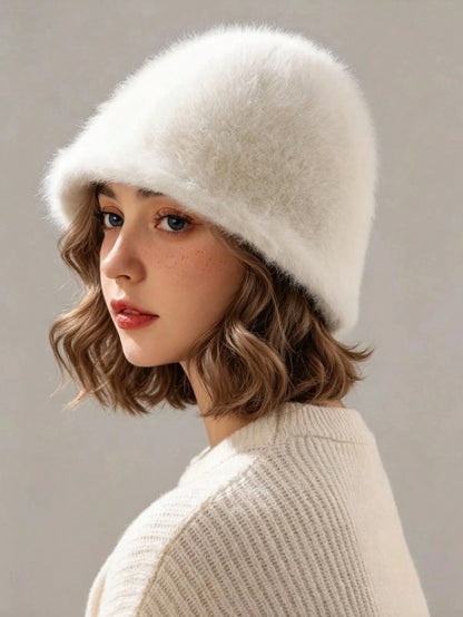 New Women's Autumn/Winter Versatile Mink Fur Bucket Hat, Solid Color Minimalist Fashion Outdoor Warm Ear Protection Cold-Proof Bell-Shaped Bucket Hat