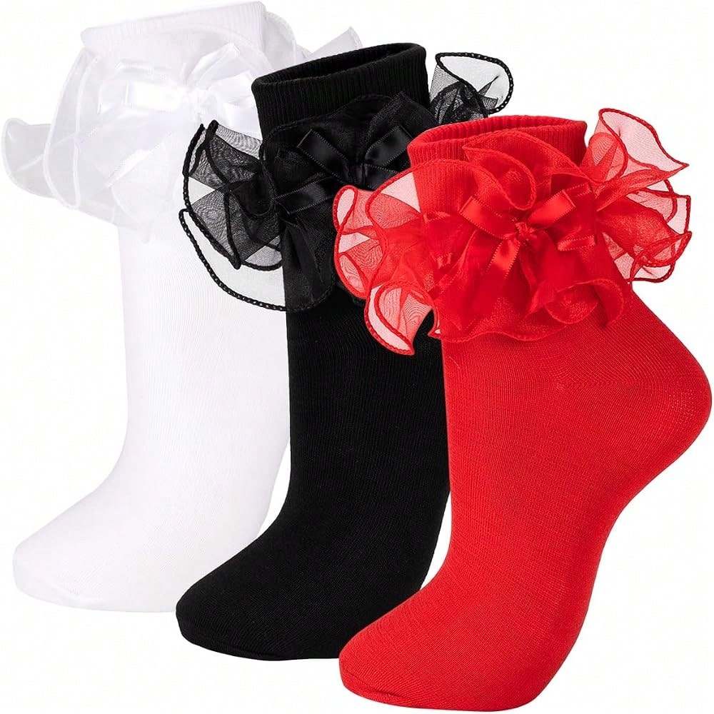 NEW- Women's Big Ruffle Socks Double Lace With Bows (Size 5-11, 3 Pairs)