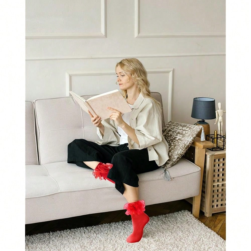 NEW- Women's Big Ruffle Socks Double Lace With Bows (Size 5-11, 3 Pairs)