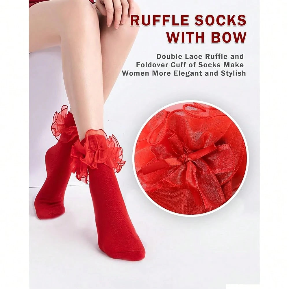 NEW- Women's Big Ruffle Socks Double Lace With Bows (Size 5-11, 3 Pairs)