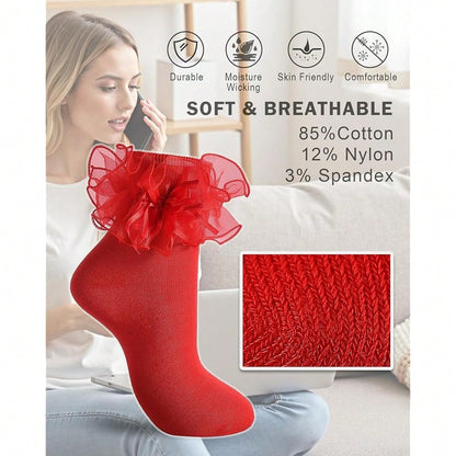 NEW- Women's Big Ruffle Socks Double Lace With Bows (Size 5-11, 3 Pairs)