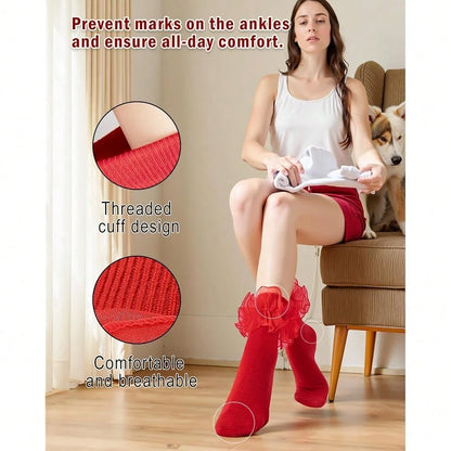 NEW- Women's Big Ruffle Socks Double Lace With Bows (Size 5-11, 3 Pairs)