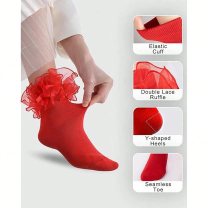 NEW- Women's Big Ruffle Socks Double Lace With Bows (Size 5-11, 3 Pairs)