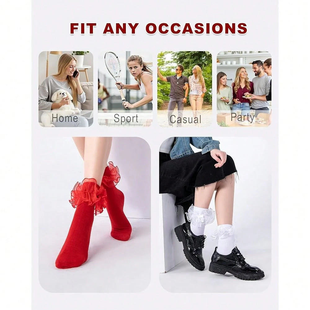 NEW- Women's Big Ruffle Socks Double Lace With Bows (Size 5-11, 3 Pairs)