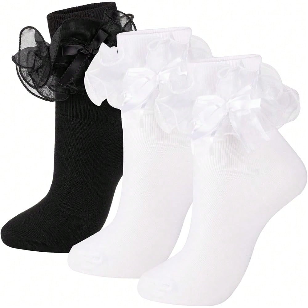 NEW- Women's Big Ruffle Socks Double Lace With Bows (Size 5-11, 3 Pairs)