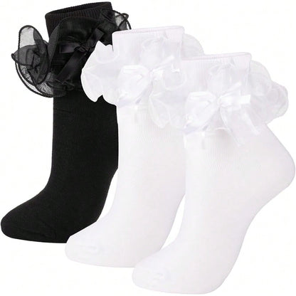 NEW- Women's Big Ruffle Socks Double Lace With Bows (Size 5-11, 3 Pairs)