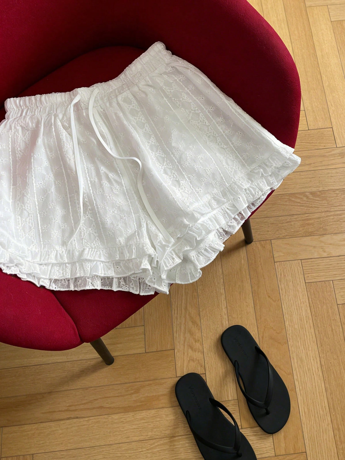 New Women's Layered Ruffled Lace Elegant Casual Versatile Tie-Up Shorts, Suitable For Daily Wear White Summer, Aesthetic