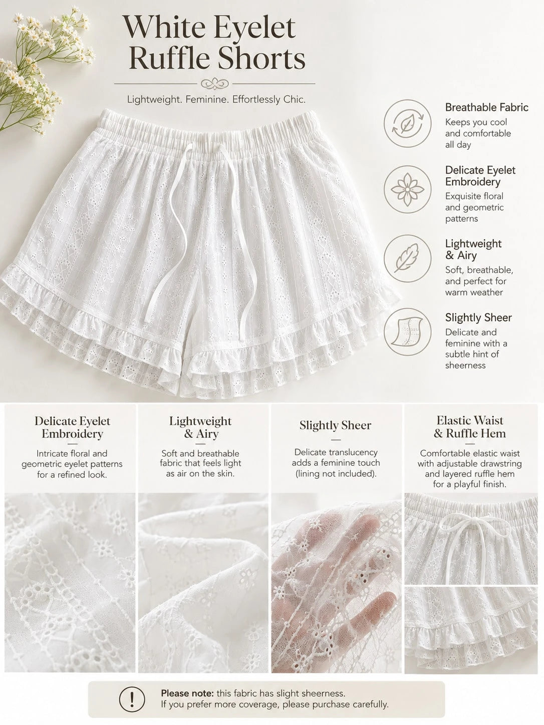 New Women's Layered Ruffled Lace Elegant Casual Versatile Tie-Up Shorts, Suitable For Daily Wear White Summer, Aesthetic