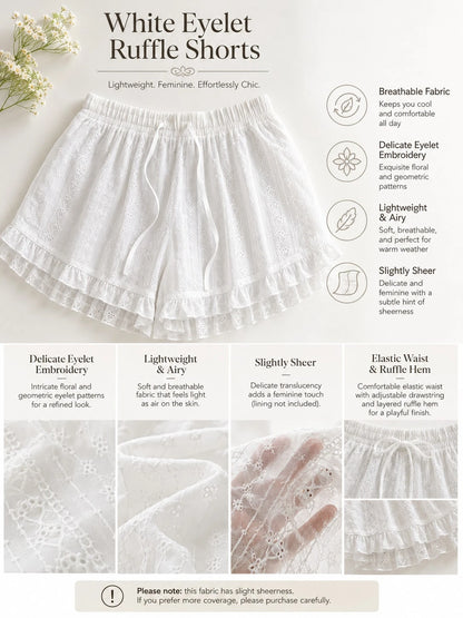 New Women's Layered Ruffled Lace Elegant Casual Versatile Tie-Up Shorts, Suitable For Daily Wear White Summer, Aesthetic