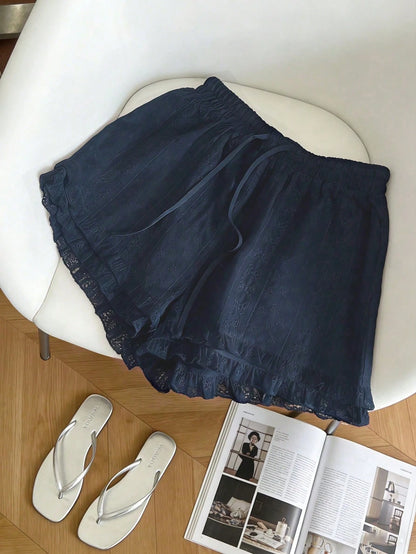 New Women's Layered Ruffled Lace Elegant Casual Versatile Tie-Up Shorts, Suitable For Daily Wear White Summer, Aesthetic
