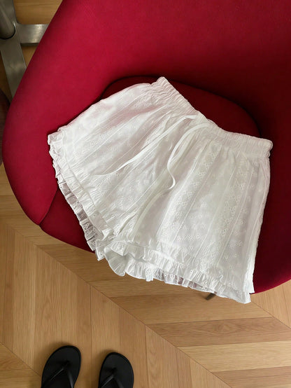 New Women's Layered Ruffled Lace Elegant Casual Versatile Tie-Up Shorts, Suitable For Daily Wear White Summer, Aesthetic