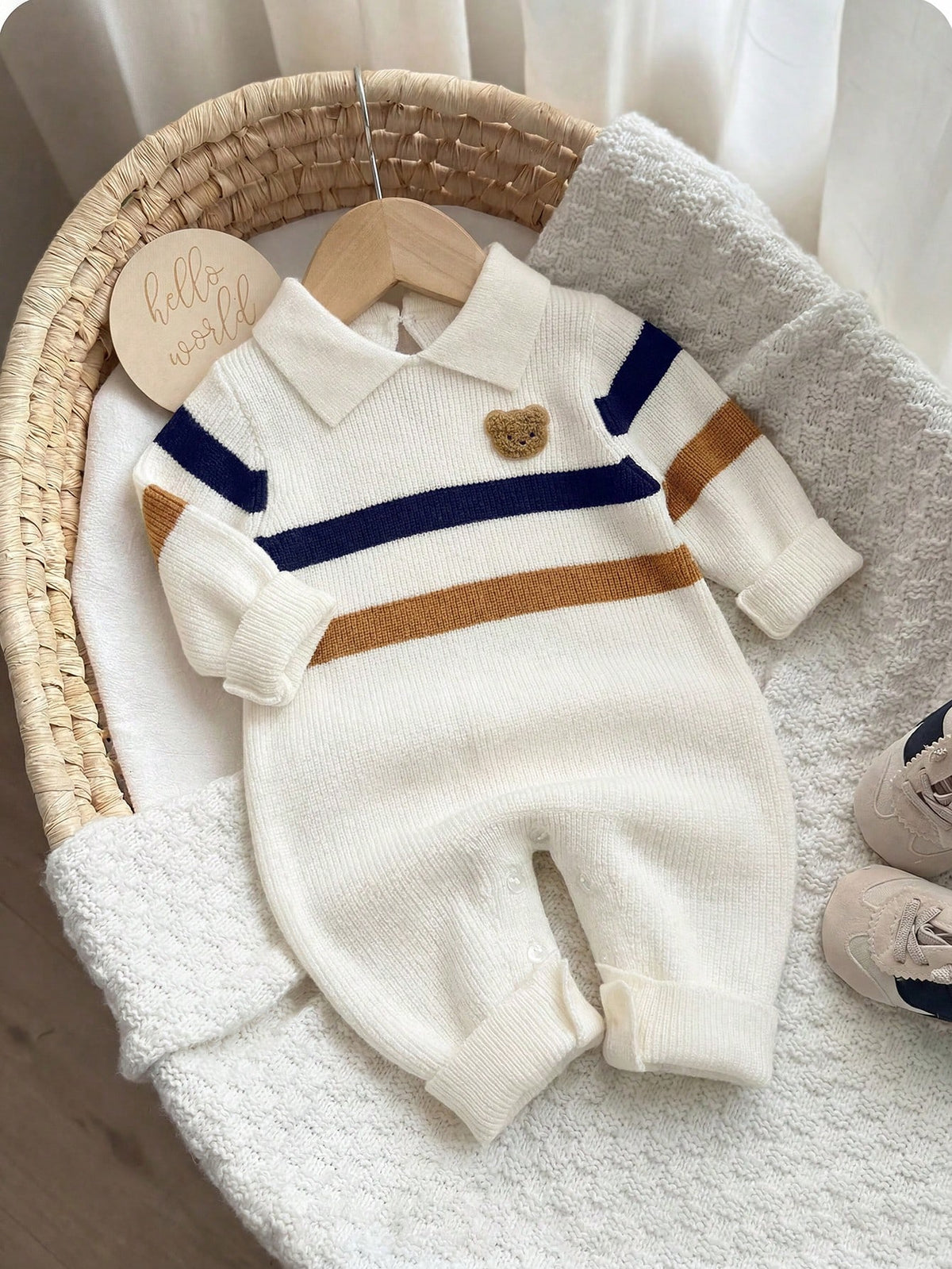 Newborn Baby Boy Cartoon Pattern Patchwork Casual Daily Knit Autumn Jumpsuit