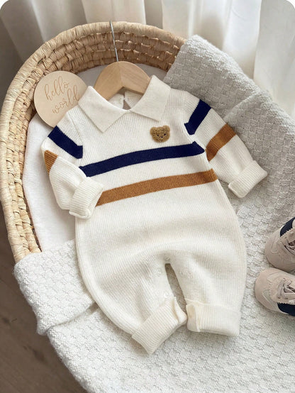 Newborn Baby Boy Cartoon Pattern Patchwork Casual Daily Knit Autumn Jumpsuit