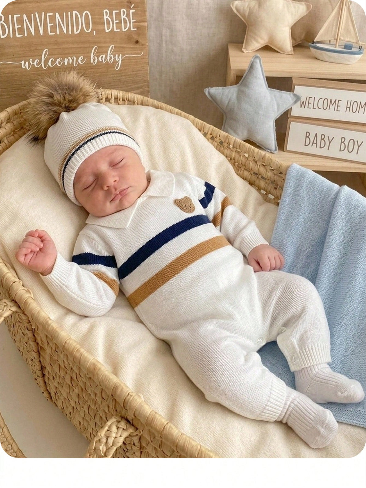 Newborn Baby Boy Cartoon Pattern Patchwork Casual Daily Knit Autumn Jumpsuit