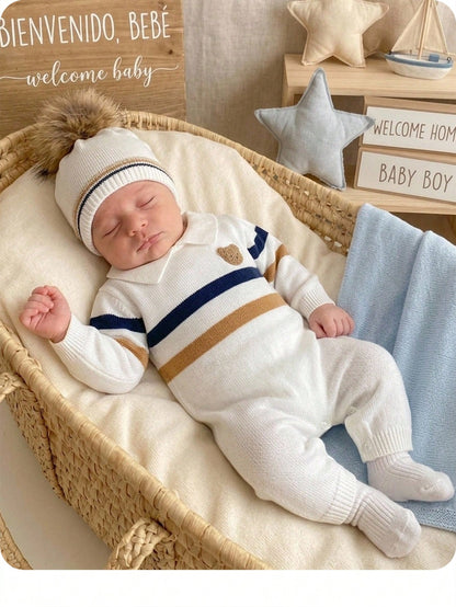 Newborn Baby Boy Cartoon Pattern Patchwork Casual Daily Knit Autumn Jumpsuit