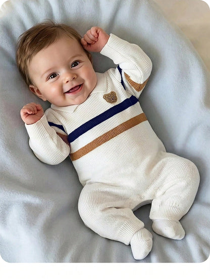 Newborn Baby Boy Cartoon Pattern Patchwork Casual Daily Knit Autumn Jumpsuit
