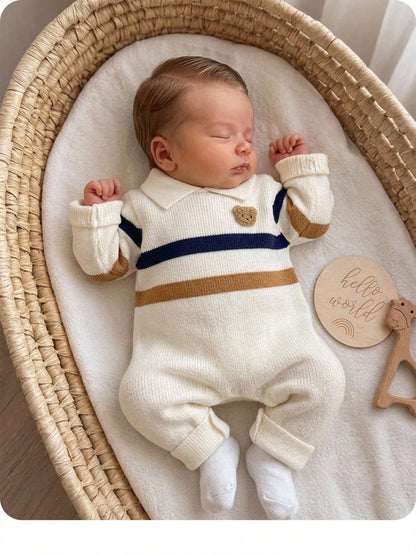 Newborn Baby Boy Cartoon Pattern Patchwork Casual Daily Knit Autumn Jumpsuit
