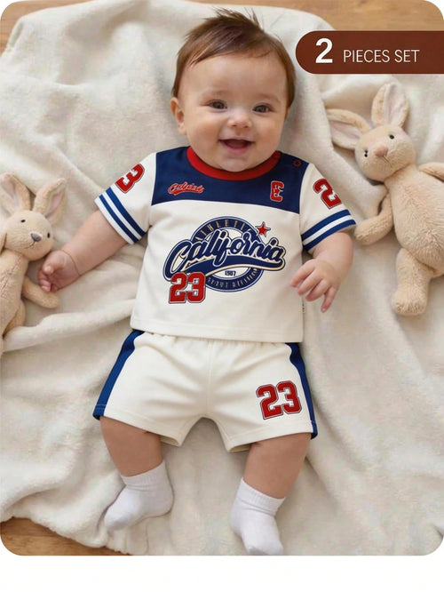 Newborn Baby Boy Clothes Off-White Summer Casual Vacation Sports Letter Print Short Sleeve T-Shirt And Shorts Set,Basketball Football Baseball Outfit