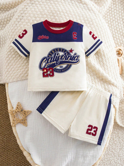 Newborn Baby Boy Clothes Off-White Summer Casual Vacation Sports Letter Print Short Sleeve T-Shirt And Shorts Set,Basketball Football Baseball Outfit