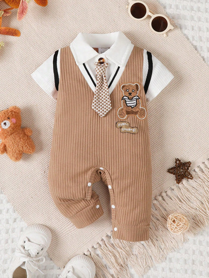 Newborn Baby Boy Gentleman Style Cute Bear Short Sleeve Jumpsuit, Suitable For 0-18 Months Boys Birthday Party