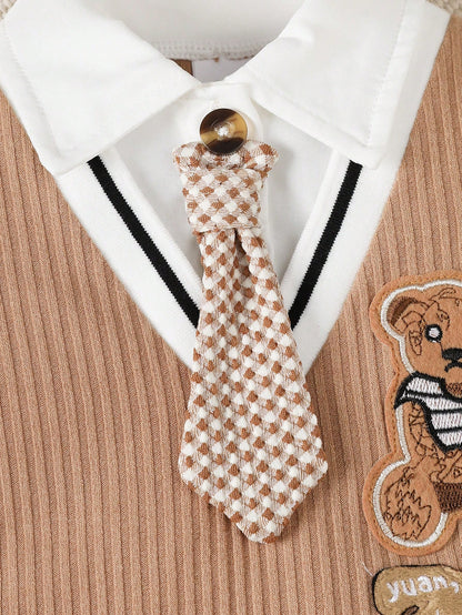 Newborn Baby Boy Gentleman Style Cute Bear Short Sleeve Jumpsuit, Suitable For 0-18 Months Boys Birthday Party