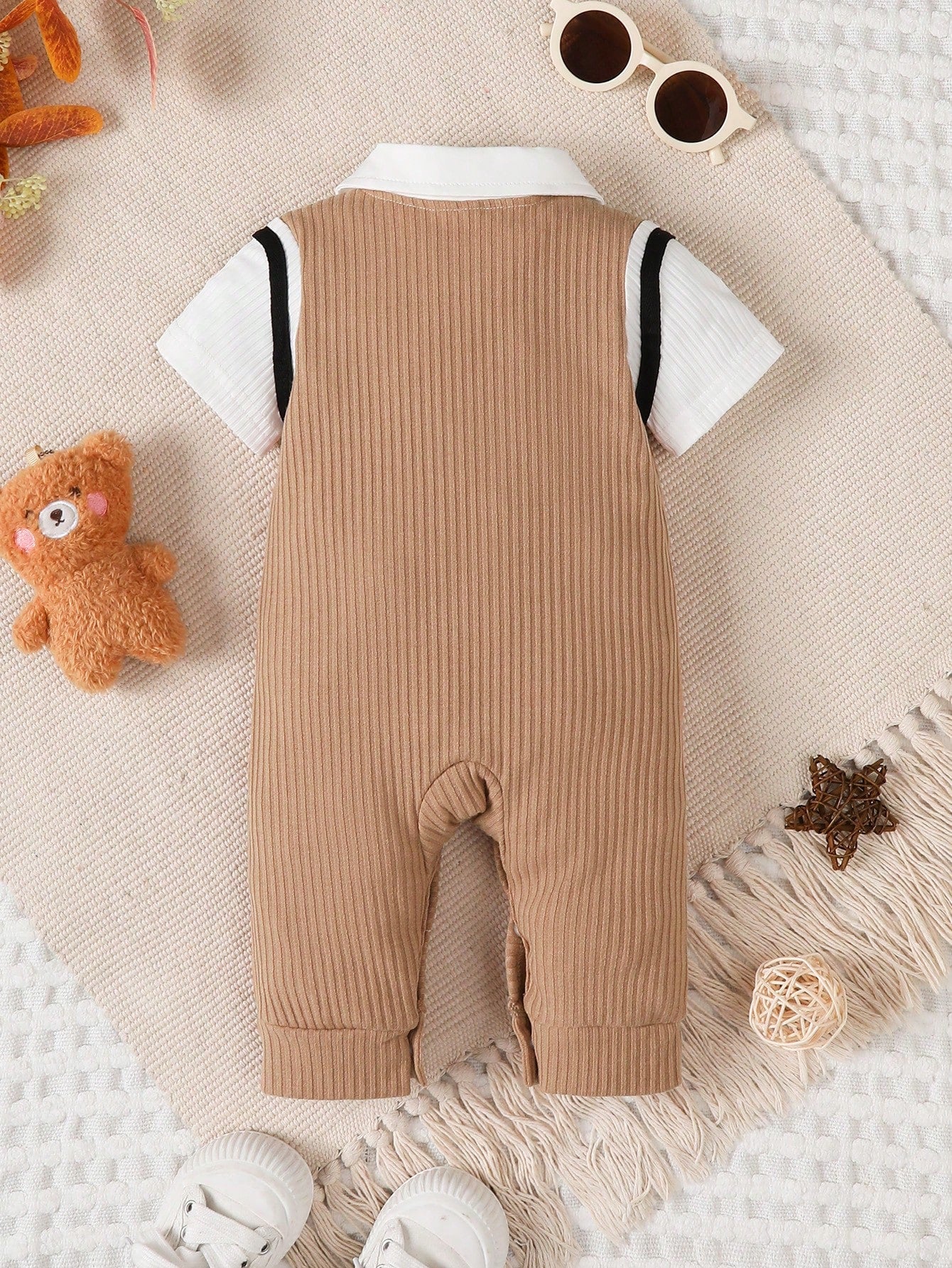 Newborn Baby Boy Gentleman Style Cute Bear Short Sleeve Jumpsuit, Suitable For 0-18 Months Boys Birthday Party