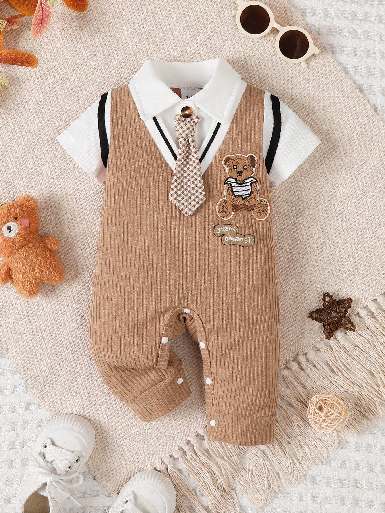 Newborn Baby Boy Gentleman Style Cute Bear Short Sleeve Jumpsuit, Suitable For 0-18 Months Boys Birthday Party