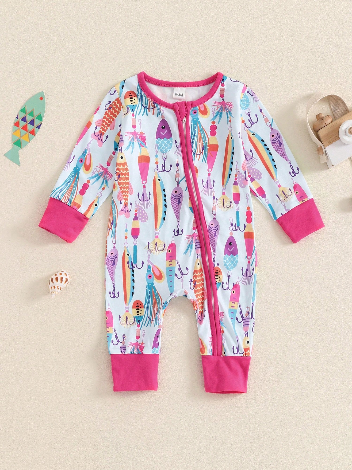 Newborn Baby Boy Girl Fishing Outfit Long Sleeve Zipper Fish Print Romper Jumpsuit Infant Clothes