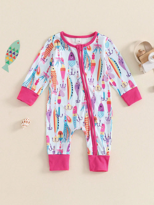 Newborn Baby Boy Girl Fishing Outfit Long Sleeve Zipper Fish Print Romper Jumpsuit Infant Clothes