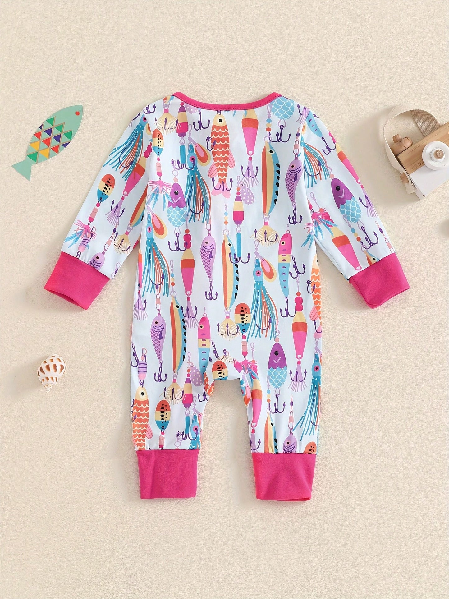 Newborn Baby Boy Girl Fishing Outfit Long Sleeve Zipper Fish Print Romper Jumpsuit Infant Clothes