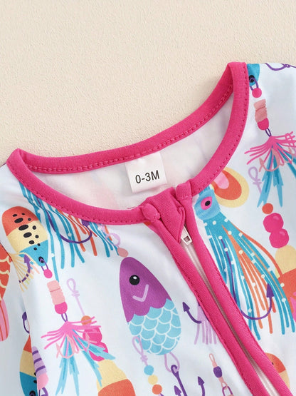 Newborn Baby Boy Girl Fishing Outfit Long Sleeve Zipper Fish Print Romper Jumpsuit Infant Clothes