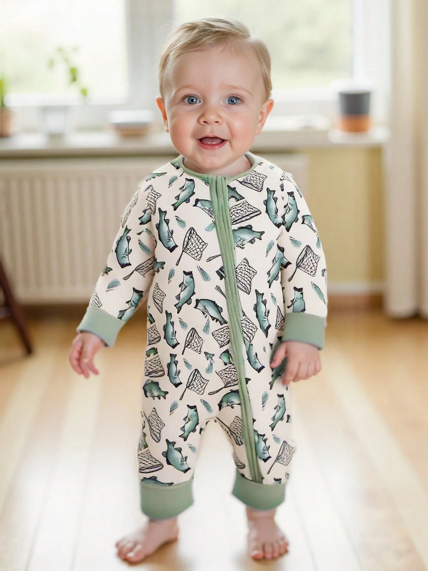 Newborn Baby Boy Girl Fishing Outfit Long Sleeve Zipper Fish Print Romper Jumpsuit Infant Clothes