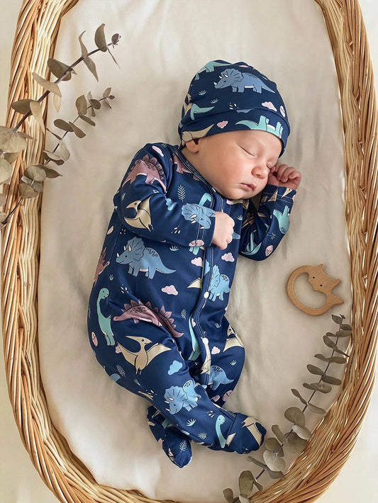 Newborn Baby Cartoon Dinosaur Print Long Sleeve Jumpsuit Pajama With Matching Sleep Hat