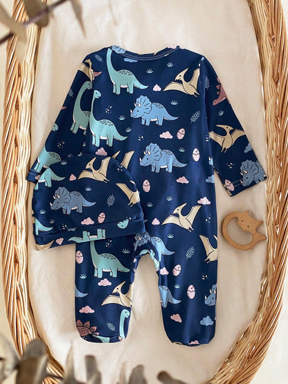 Newborn Baby Cartoon Dinosaur Print Long Sleeve Jumpsuit Pajama With Matching Sleep Hat