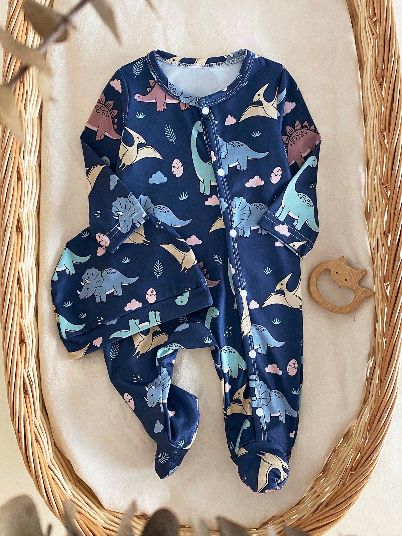 Newborn Baby Cartoon Dinosaur Print Long Sleeve Jumpsuit Pajama With Matching Sleep Hat