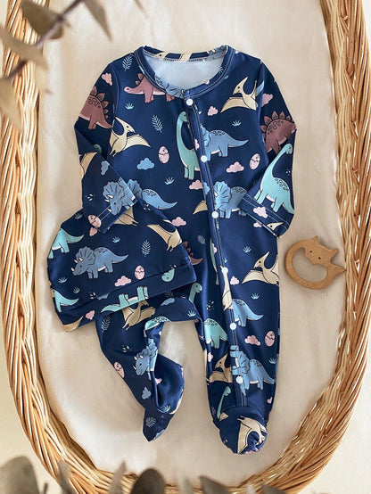 Newborn Baby Cartoon Dinosaur Print Long Sleeve Jumpsuit Pajama With Matching Sleep Hat