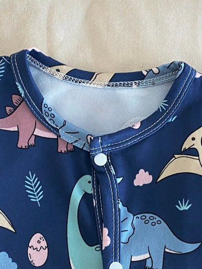 Newborn Baby Cartoon Dinosaur Print Long Sleeve Jumpsuit Pajama With Matching Sleep Hat