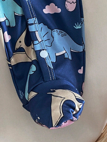 Newborn Baby Cartoon Dinosaur Print Long Sleeve Jumpsuit Pajama With Matching Sleep Hat