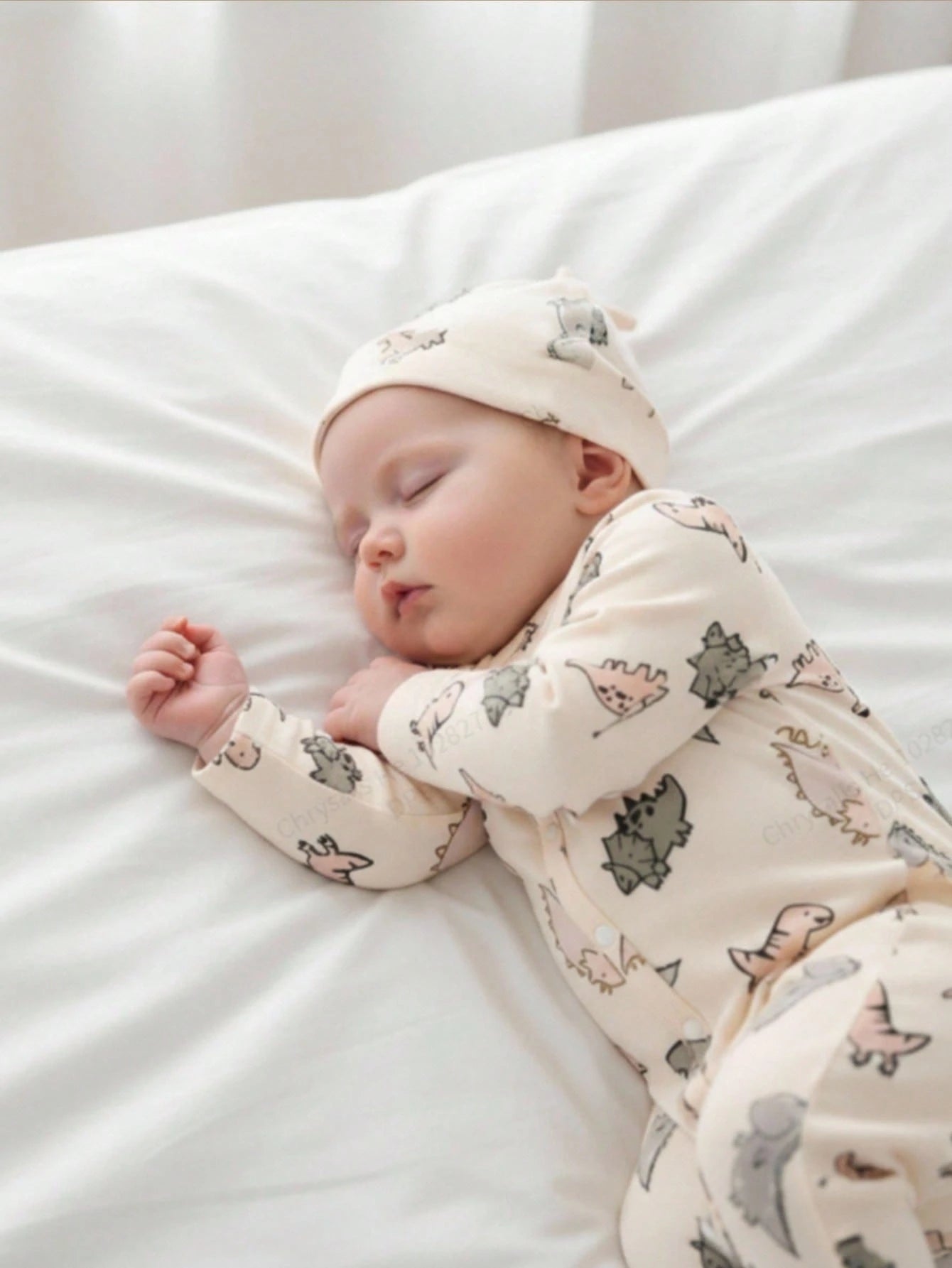Newborn Baby Cartoon Dinosaur Print Long Sleeve Jumpsuit Pajama With Matching Sleep Hat