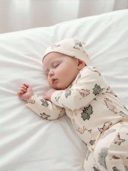 Newborn Baby Cartoon Dinosaur Print Long Sleeve Jumpsuit Pajama With Matching Sleep Hat