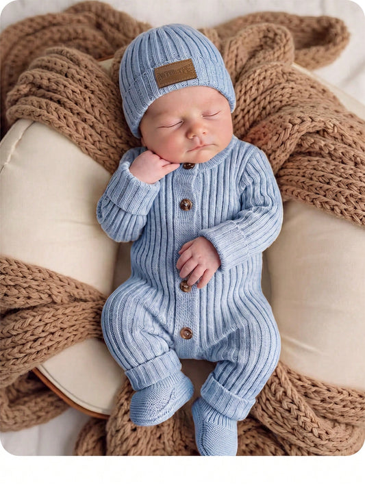 Newborn Baby Cute Autumn/Winter Versatile Knit Minimalist Romper Crawl Suit Footies Hat Set