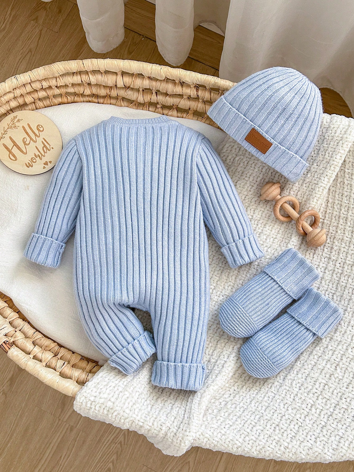 Newborn Baby Cute Autumn/Winter Versatile Knit Minimalist Romper Crawl Suit Footies Hat Set