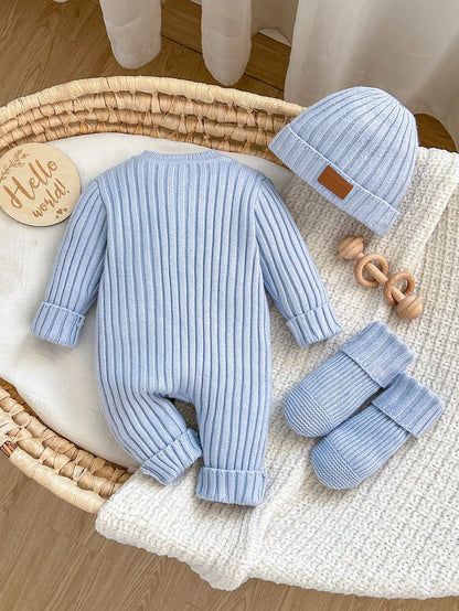 Newborn Baby Cute Autumn/Winter Versatile Knit Minimalist Romper Crawl Suit Footies Hat Set